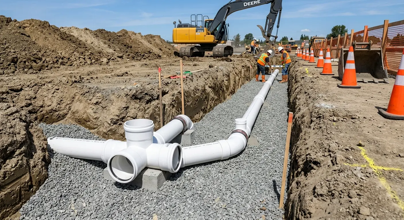 New PVC sewer pipe installation in open trench for Sewer Backup in Pierre