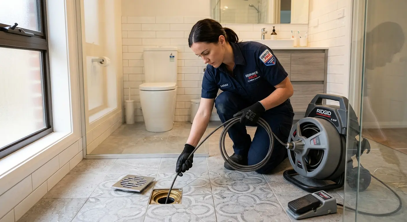 Technician clearing a bathroom floor drain for Clogged Drain Repair in Pierre